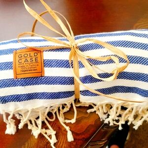 Gold Case Blue and White Striped Turkish Quick Dry and Sand Free Towel
